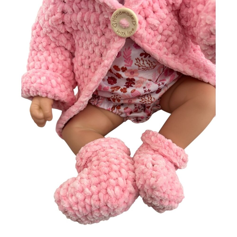 Handmade Pink Chenille Newborn Baby Hoodie & Booties Set Bear Ears Soft Plush - Picture 5 of 16